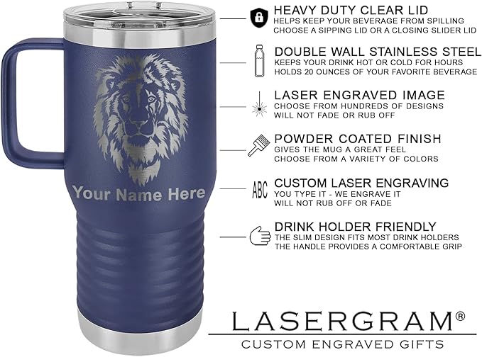 LaserGram 20oz Vacuum Insulated Travel Mug with Handle, Cup of Coffee, Personalized Engraving Included (Navy Blue)