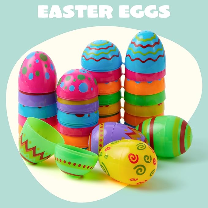 JOYIN Toy 36 PCs Plastic Printed Bright Easter Eggs, Over 3.15'' Tall Fillable Empty Eggs Bulks for Easter Hunt, Basket Stuffers Fillers, Classroom Prize Supplies, Filling Treats and Party Favor