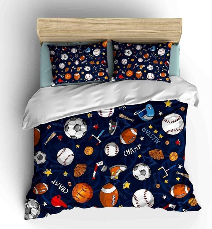 Sports Comforter Sets Bed in A Bag Full Size,3D Soccer Basketball Baseball Football Theme Quilt Set for Kids Boys Children Fans Bedding Decorative