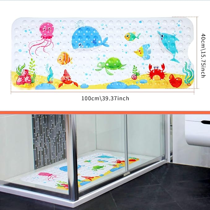 Bath Mat for Tub Non Slip, Machine Washable Anti Slip Cartoon Baby Bathtub Shower Mat with Drain Holes and Suction Cups for Toddler & Kids, 40 Inch x 16 Inch-Rectangular, Little Whale