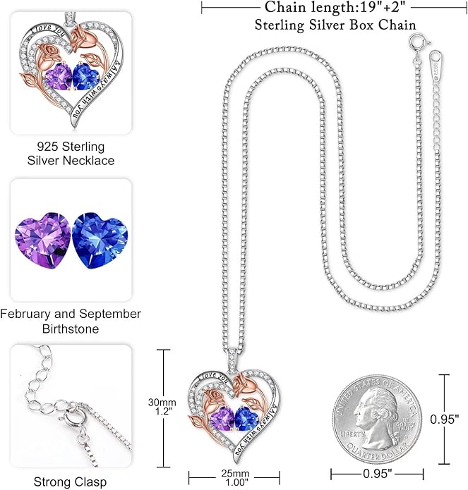 Iefil Valentines Day Gifts for Her - 925 Sterling Silver Rose Heart Birthstone Necklace Birthday Anniversary Jewelry Gifts for Her Wife Mom Daughter