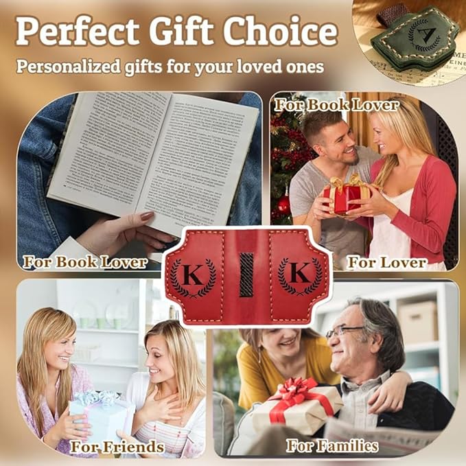 Custom Bookmark with Pen Holder with 26 Letters Personalized Magnetic Leather Book Mark, Customized Name Book Marker Clip with Initial for Men Women, Gifts for Book Lovers, Readers, (Red, M)