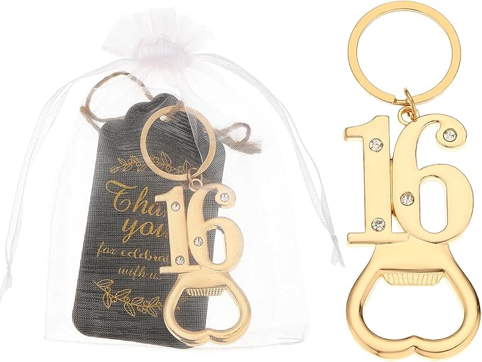 24 pcs 16th Gold Keychain Bottle Opener Birthday Party Favors for Guests,16th Beer Bottle Opener Favors Bulk for 16 Birthday Anniversary Souvenirs Party Decor Supplies (Gold 16th)