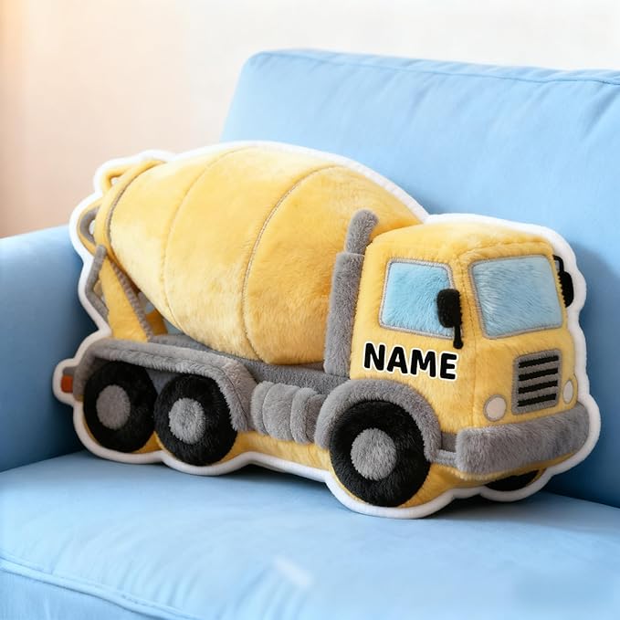Personalized Concrete mixer truck Shaped Pillow, Custom Name Plush Stuffed Pillows, Suitable for Beds, Sofas, Bedrooms, Living Rooms Custom Decorative Cushion Gifts for Birthday and Anniversary