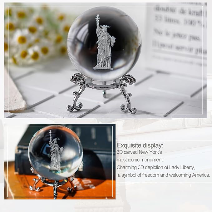 ZEERSHEE 4th of July Decoration 2.3in 3D Laser Statue of Liberty Crystal Ball Paperweight with Stand New York Souvenirs Gifts for Women Men Friends
