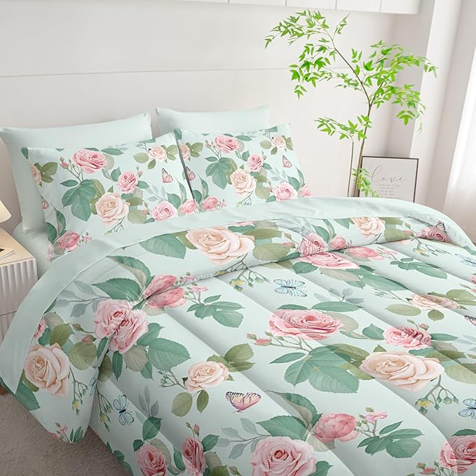 7Pcs Comforter Set Butterfly Flowers Green Leaves Printed Bedding Set with 1 Comforter,1 Flat Sheet,1 Fitted Sheet and 4 Pillowcases for Boys and Girls Bedroom All Season(Full)