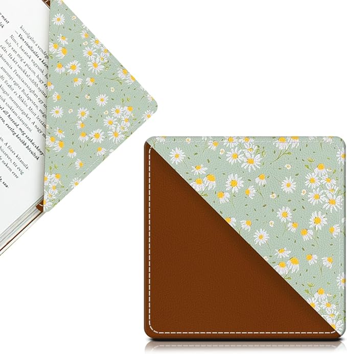 Cute Leather Bookmarks, Fun Triangle Making Corner Bookmark, Book Accessories for Reading Book Lovers, Unbreakable Page Markers for Women Men Cute Green Daisy