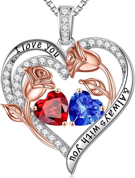 Iefil Valentines Day Gifts for Her - 925 Sterling Silver Rose Heart Birthstone Necklace Birthday Anniversary Jewelry Gifts for Her Wife Mom Daughter