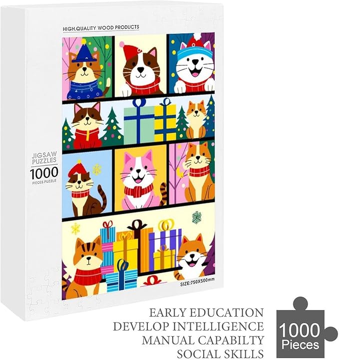 Wooden Puzzle 1000 Pieces Adult - Christmas Dog Cat Puzzle Christmas Puzzles, Holiday Puzzles, Family Toys, Party Games, Jigsaw Puzzle Challenge and Funny