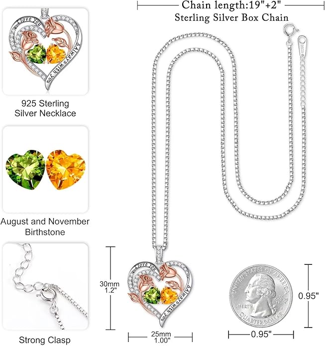 Iefil Valentines Day Gifts for Her - 925 Sterling Silver Rose Heart Birthstone Necklace Birthday Anniversary Jewelry Gifts for Her Wife Mom Daughter