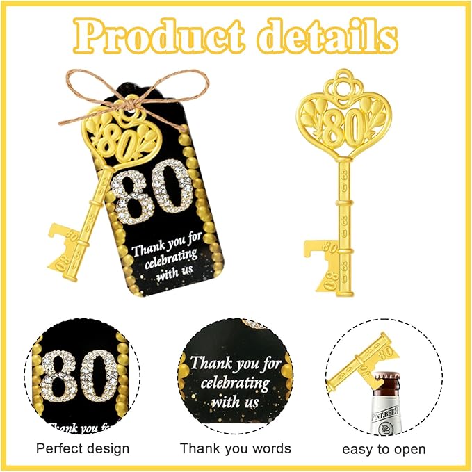 50Pcs 80th Gold Key Bottle Opener 80th Birthday Party Favors,80th Anniversary Souvenirs Return Gifts,Beer Keychain Bottle Openers With Thank You Cards For Party Birthday Wedding Shower Supplies