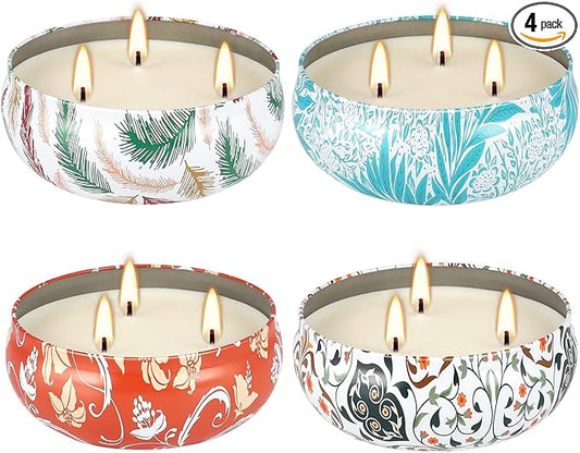 4-Pack Citronella Candle Set in Decorative Tropical Flower Tin Boxes - 3-Wick Functional Decorative Candles for Indoor & Outdoor Use - Perfect for Camping, Travel, BBQ, Picnics, and Mother's Day Gift