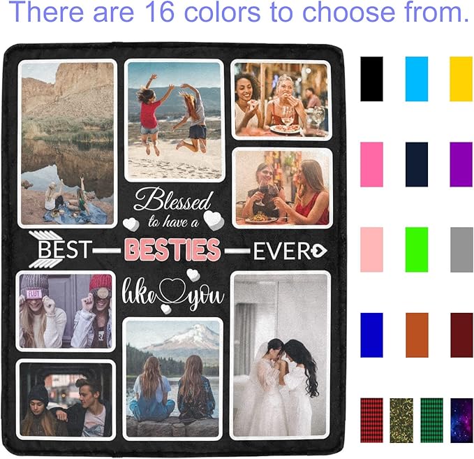 Custom Blanket Gifts for Besties, Customized Blankets with Photos, Make a Personalized Bed Throws to My Besties, Custom Souvenir Throw Blanket for Best Besties Ever, 8 Collages Made in USA