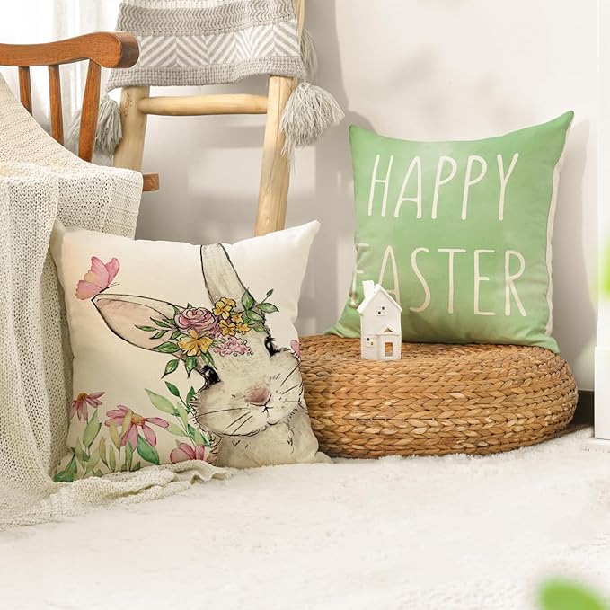 AVOIN colorlife Happy Easter Hunny Bunny Green Throw Pillow Covers, 16 x 16 Inch Easter Eggs Bunny Spring Cushion Case for Sofa Couch Set of 4