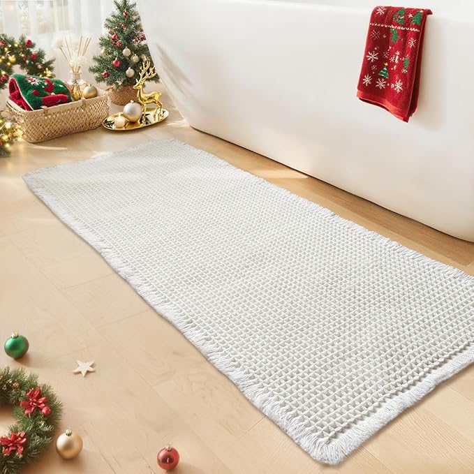 White Bathroom Rugs, Waffle Bath Mat Non Slip Washable, Super Absorbent & Quick Dry, Boho Bath Mat Farmhouse Bathroom Decor, 24'' x 48'', White