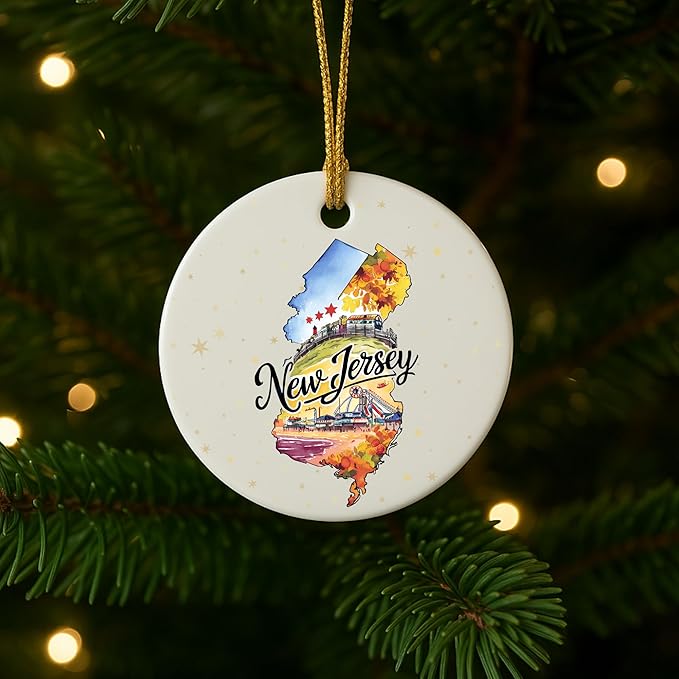 USA State Landmark Ceramic Ornament – Round Glossy Christmas Decoration Featuring U.S. State Art, Landmarks & Holiday Scenery – Collectible Travel Souvenir Ornament Series (New Jersey)