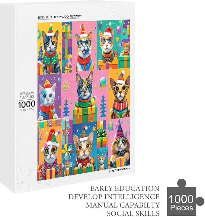 Wooden Puzzle 1000 Pieces Adult - Christmas Dog Cat Puzzle Christmas Puzzles, Holiday Puzzles, Family Toys, Party Games, Jigsaw Puzzle Challenge and Funny