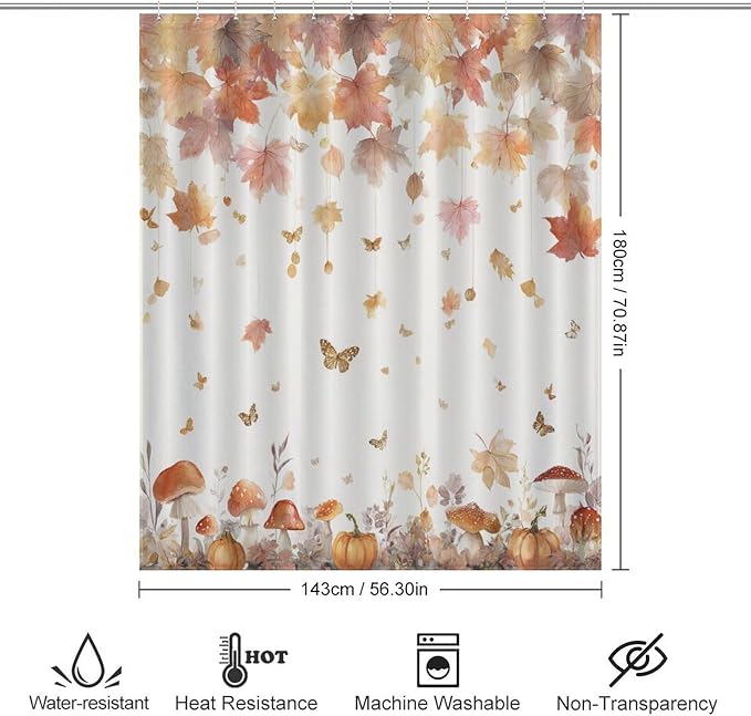 Fall Pumpkin Shower Curtain Autumn Maple Leaves Thanksgiving Harvest Waterproof Washable Fabric Bathroom Shower Curtains for Bathroom Decorations Home Indoor Decor 56x72Inch