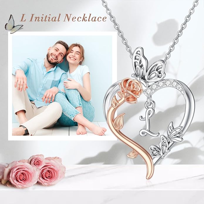 TOUPOP Rose Heart Necklaces Gifts for Women 925 Sterling Silver Butterfly Heart Initial Necklace Anniversary Valentines Day Birthday Jewelry Gifts for Mom Her Wife Girlfriend Daughter