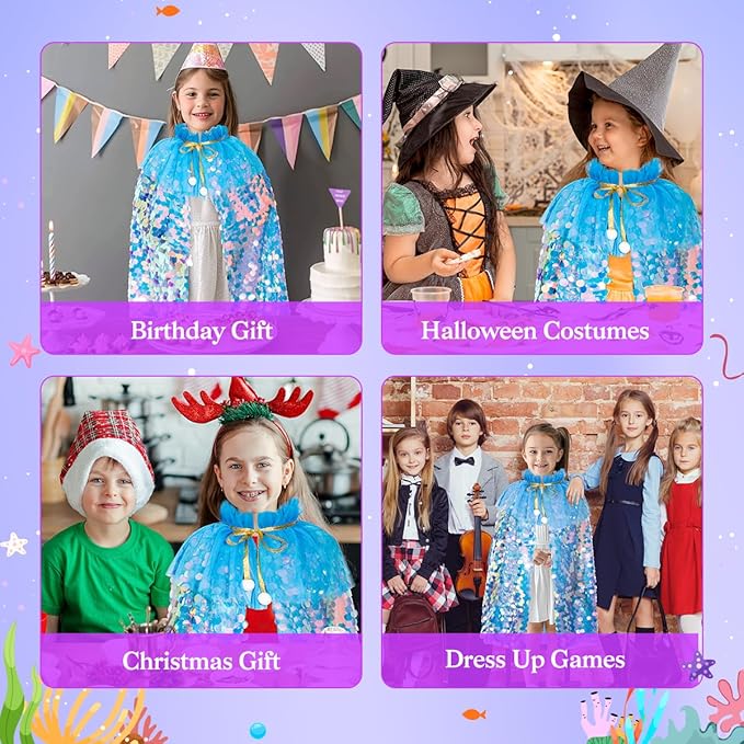 Meland Princess Dress Up for Girls 3-8, 11Pcs Mermaid Cape with Crown, Dress Up Clothes Birthday Gift Toys for Girls Toddlers