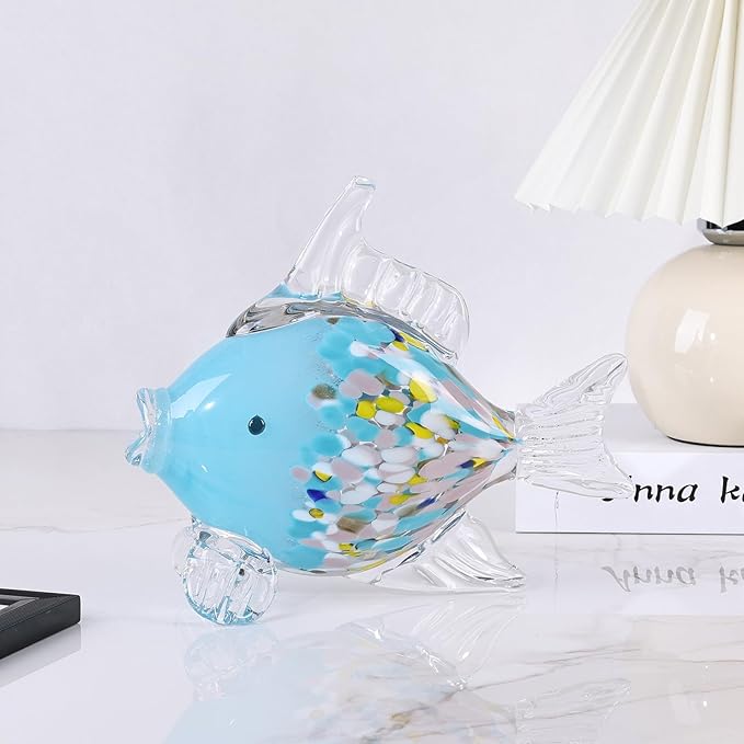 Large Glass Fish Figurine for Home Decor, Hand Blown Art Glass Ocean Animal Statue, Decorative Coastal and Beach Themed Sculpture for Table, Shelf, Bathroom, Living Room or Office