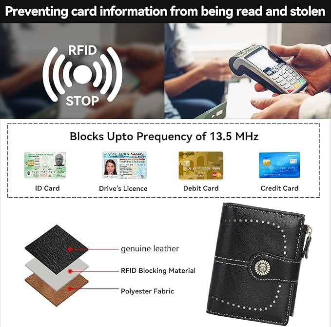 Women's Small Genuine Leather Bifold Wallet Large Capacity RFID Blocking with 16 Card Slots 2 ID Windows and Zipper Coin Pocket Pink (Black)