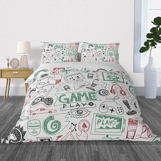 Game Comforter Sets for Boys Teen Twin Size,Kids Video Games Bedding Set Sketch Style Athletic Racing Game Design Bedroom Home Decor