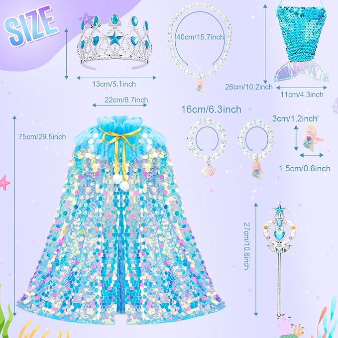 Meland Princess Dress Up for Girls 3-8, 11Pcs Mermaid Cape with Crown, Dress Up Clothes Birthday Gift Toys for Girls Toddlers