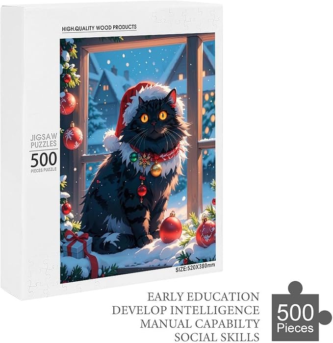 Jigsaw Puzzles for Adults 500 Piece - Christmas Black Cat Wooden Puzzles, Unique Gifts for Wall Art，Family Puzzles，Educational Games，Challenge Puzzles