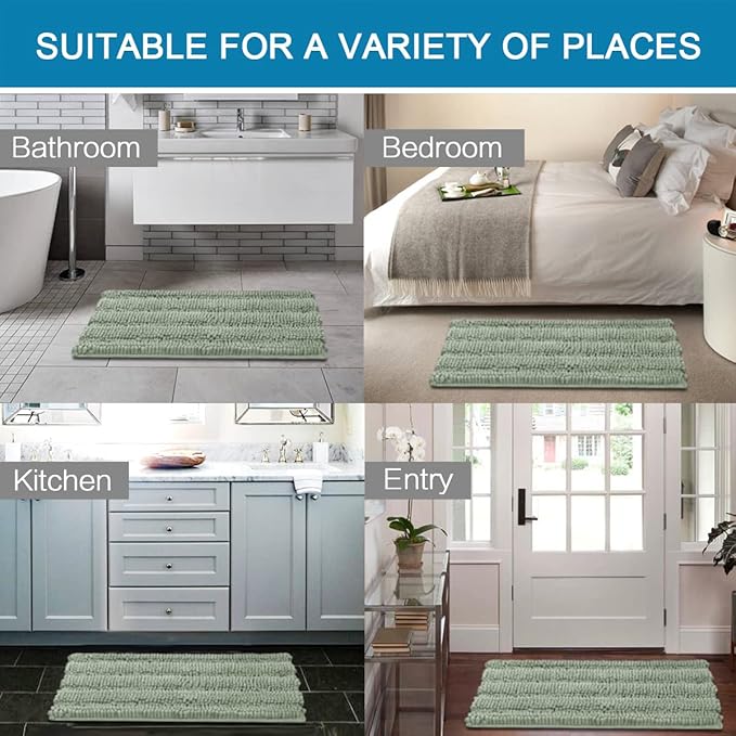 H.VERSAILTEX Bath Mats for Bathroom Non Slip Extra Thick Chenille Striped Bath Rug 24" x 36" Absorbent Non Skid Fluffy Soft Shaggy Rugs Washable Dry Fast Plush Mats for Indoor, Bath Room, Tub - Sage