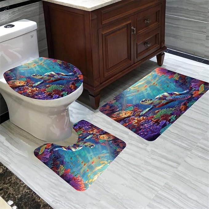 4 Pcs Ocean Themed Shower Curtain - Sea Turtle Shower Curtain Set Ocean Shower Curtain for Bathroom Sea Turtle Shower Curtain Set with Rug,Toilet Cover and Bath Mat with 12 Hooks