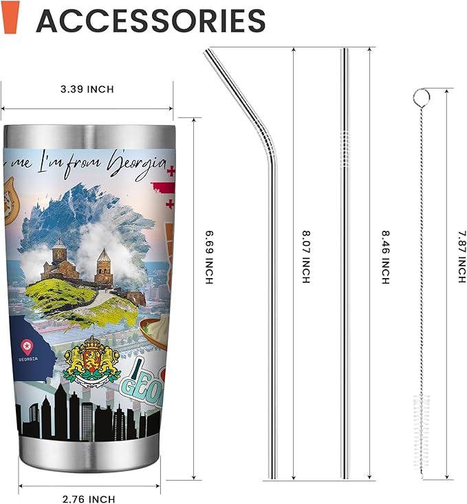 20oz Insulated Tumbler Georgia State Coffee Mug, United States Map Travel Mug Landmark, Birthday Gifts Cute Custom Tumbler Cups with Lid and Straw Mothers Day Gifts