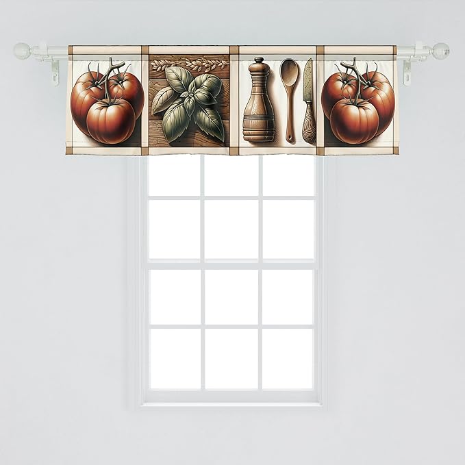 Ambesonne Farmhouse Window Valance Pack of 2, Modern Art of Leaves Huddle and Tomato Print with Beige Tone Lines, Rod Pocket Curtain Valances Kitchen Bedroom, 42" X 18",Paprika Rust and Green
