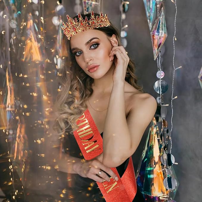 COCIDE Red Birthday Sash and Crown for Women - Crystal Tiaras Decorations for Girl,Glitter Rhinestone Gifts Headband Sashes Decor,Coronas for Queen,Happy Birthday Accessories Party Favors