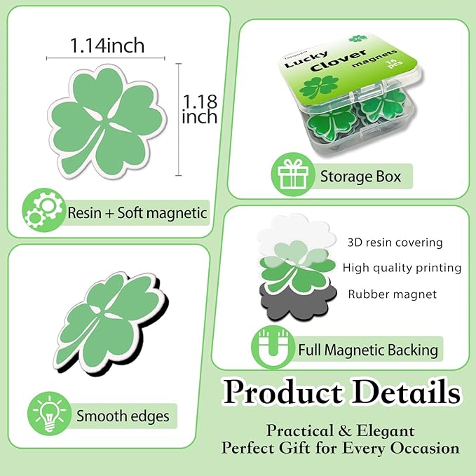 16 Pcs Lucky Clover Fridge Magnets, Refrigerator Magnets Strong Magnetic Cute Small Decorative Designs for Office, Kitchen, Home, Locker, School, Cabinet, Whiteboard & Gift, Plant Magnets