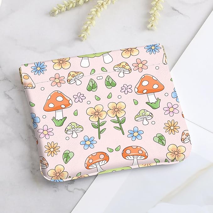 2Pcs PU Leather Small Squeeze Coin Purse Pouch Mini coin Bag Unique And Cute Wallet Cosmetic Bags Change Bag For Women Girls Men （Black and Pink Mushrooms