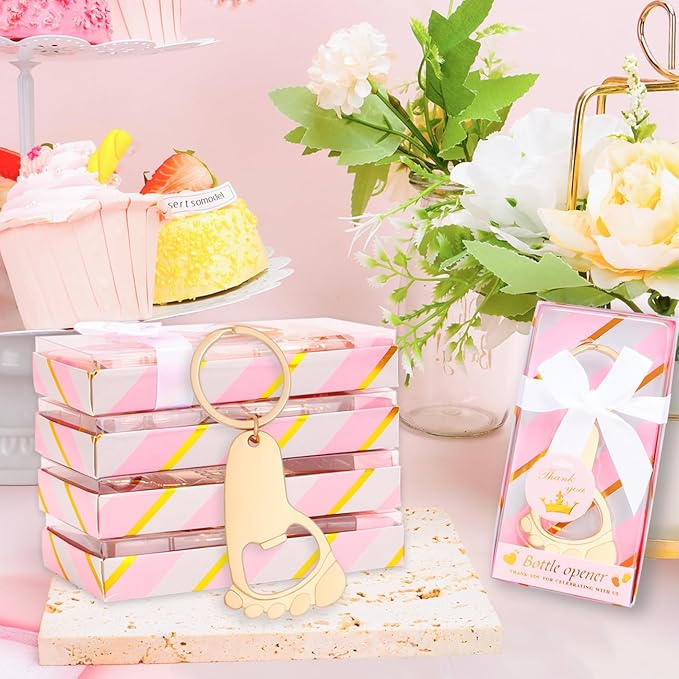 24Pcs Baby Girl Foot Keychain Footprint Bottle Openers Small Foot Bottle Opener Keychain Souvenir for Guests Baby Shower Return Gift for Party Favors with Pink Boxes Gifts or Decorations