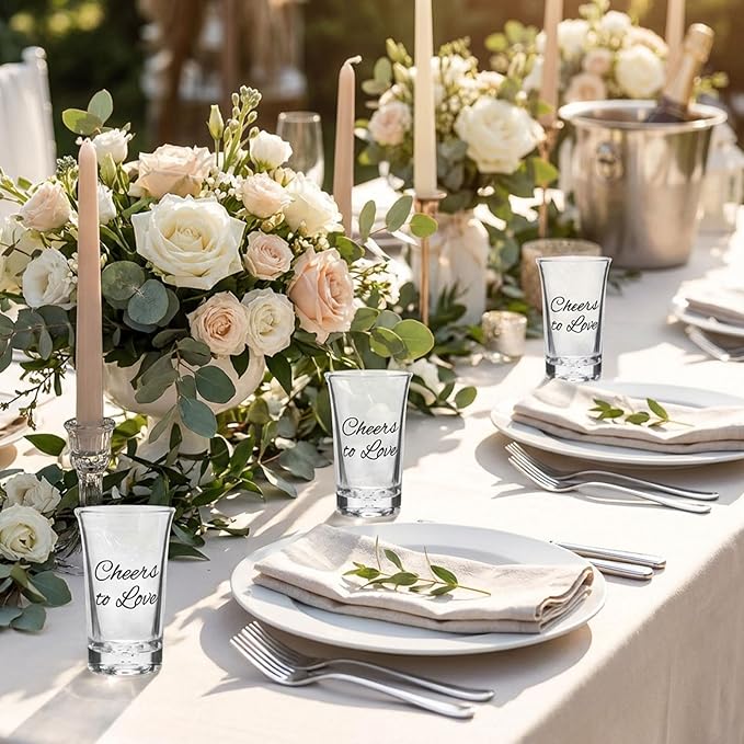 25 Set Wedding Favors for Guests Bulk,Acrylic Cheers to Love Wedding Shot Glasses with Bottle Opener Thank You Cards and Organza Bags,Souvenirs for Guests