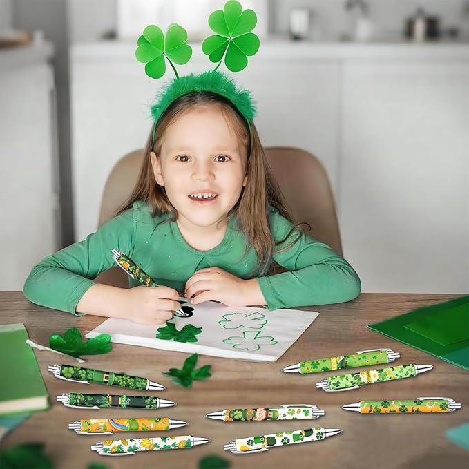 Idealmuzik Green Theme Ballpoint Pens Set of 10 – Shamrock & Lucky Clover Design with Smooth Black Ink – St. Patrick’s Day Inspired Pens for Office, Home, Party Favors, and Gifts