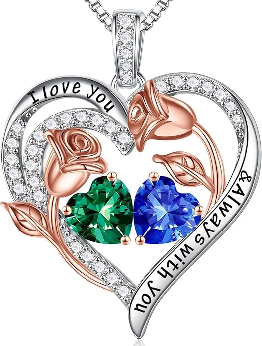 Iefil Valentines Day Gifts for Her - 925 Sterling Silver Rose Heart Birthstone Necklace Birthday Anniversary Jewelry Gifts for Her Wife Mom Daughter