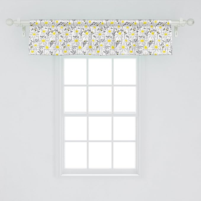 Ambesonne Yellow Window Valance, Pattern with Bees and Chamomile Daisy Flowers in Flourishing Meadow Nature, Curtain Valance for Kitchen Bedroom Decor with Rod Pocket, 54" X 12", Grey Yellow White