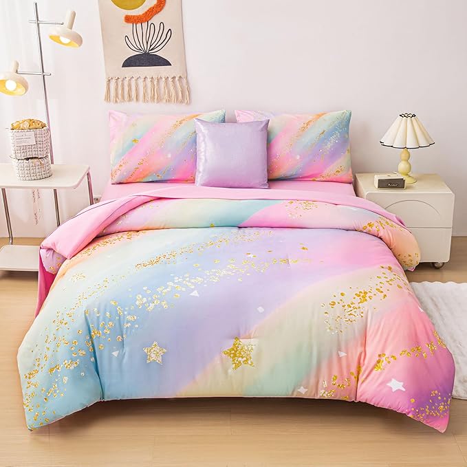 Rainbow Bedding Set Twin Size – 6-Piece Reversible Girls Comforter with Deep-Pocket Sheet, Gradient Galaxy Design, Whole-Piece Filling, Machine Washable Bed-in-a-Bag for Kids Room Makeover & Gifts