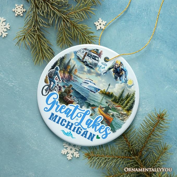 Artistic Great Lakes Michigan State Ornament, Ceramic Landscapes and Travel Souvenir and Gift (Version 2)