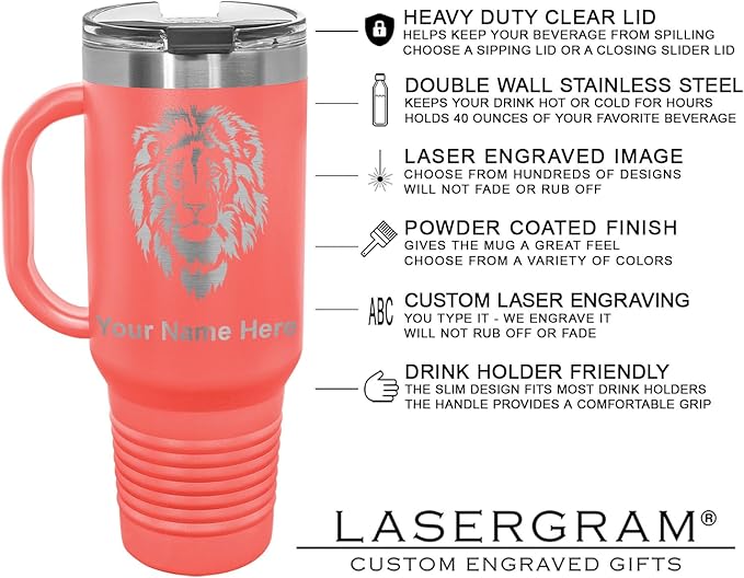 LaserGram 40oz Vacuum Insulated Travel Mug with Handle, Starfish, Personalized Engraving Included (Coral)