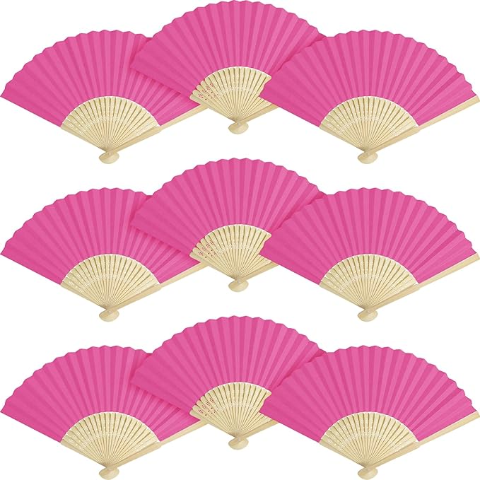 50 Pieces Paper Fans Paper Hand Fan Bamboo Folding Fan Handheld Fan Paper Folded Fan Paper Fan for Wedding Party and Home Decoration (Hot Pink)