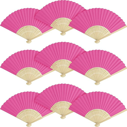 50 Pieces Paper Fans Paper Hand Fan Bamboo Folding Fan Handheld Fan Paper Folded Fan Paper Fan for Wedding Party and Home Decoration (Hot Pink)