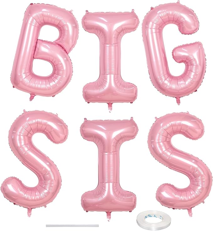 40 Inch Pastel Pink BIG SIS Letter Balloons, Pearl Pink BIG SIS Balloon Letters with Ribbon, Light Pink Baby Girls Alphabet Balloon for Her Baby Shower Birthday Gender Reveal Party Decoration Supplies