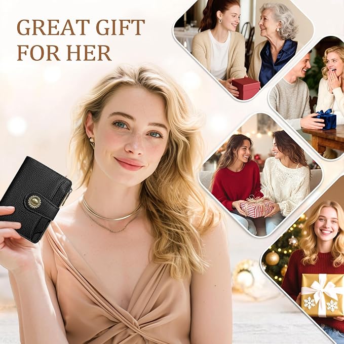 Black Small Wallet Women RFID Blocking Bifold, Credit Card Holder, Zipper Coin Pocket, PU Leather, Compact, Travel, 4 ID Window, 14 Card Slots, Cash Purse, Ladies Woman Female Girls