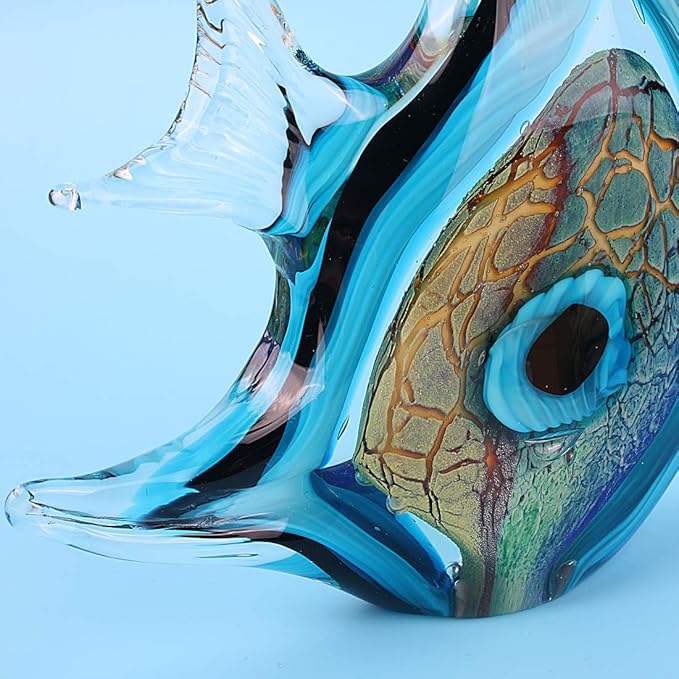 Hophen Tropical Angel Fish Art Glass Blown Handmade Sea Animal Figurine Sculpture Home Decor Collectible Statue Paper Weight Gift Ornament (Big Blue)