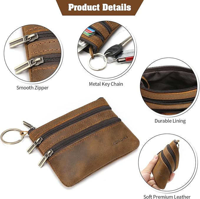 Jack&Chris Coin Purse Pouch for Men, Genuine Leather Coin Purse Zipper Pocket with Keychain Ring, Coin Bag for Men,JC301-8